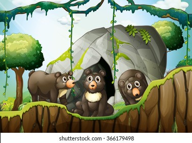 Three little bears by the cave illustration