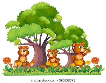 Three little bears in the garden illustration