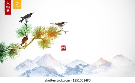 Three little birds on pine tree branch and far blue mountains. Hieroglyphs - peace, tranquility, clarity, east, well-being.