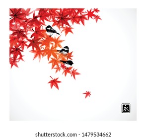 Three little birds red leaves japanese maple tree  Traditional oriental ink painting sumi  e  u  sin  go  hua white background  Hieroglyph    eternity