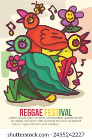 three little birds and rastaman concept. abstract prehistoric images reggae festival template poster vecotr illustration.