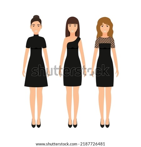 Three little black dresses on woman mannequins. Set elegant cocktail attire. Collection girl clothing. Silhouette apparel. Clothes icon for girls isolated on a white background. Vector illustration.