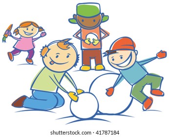 three little boys and girl are making a snow man isolated on white background