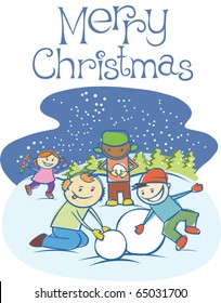three little boys and girl are making a snow man outside
