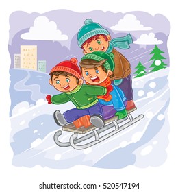 Three little boys roll together on sled from a hill