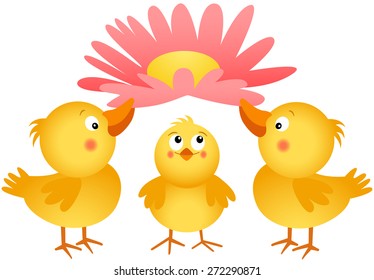 Three little chicks with flower