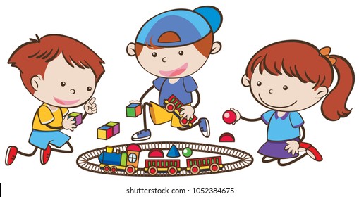 Ilustración del juego de trenes de tres niños pequeños