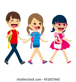 Three little children students walking going back to school