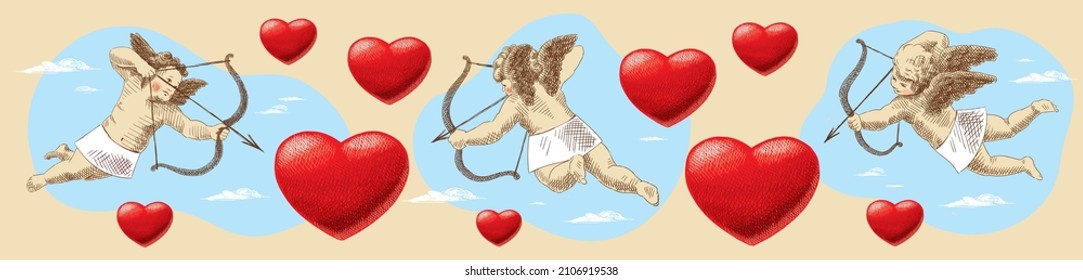 Three little cupids with wings are flying, holding a bow and arrows in their hands. Red hearts around, on the background of the sky with clouds. Vintage card, hand-drawn, vector. Valentine's day card.