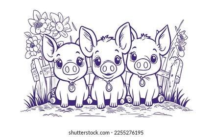 Three little cute pigs sit near the fence and look ahead. Three little pigs on a farm vector linear illustration for Coloring pages.