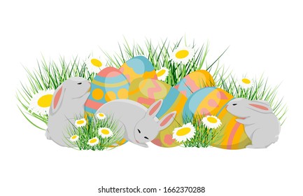 Three little cute rabbits sleep near the eggs, which was decorated for the holiday. Easter eggs, grass and daisies. Vector illustration