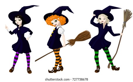 Three little cute witches. Brunette threatens with a finger, blonde winking, red haired smiling.