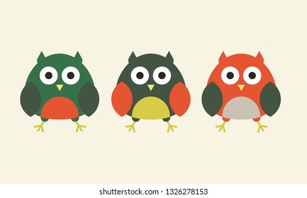 Three Little different colored owls. Kids design vector illustration. Vector design for coffee cups and mugs.