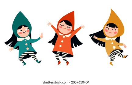 Drei kleine Fairy oder Pixie tanzen und lächeln. Vektorset. Einzeln auf weißem Hintergrund.