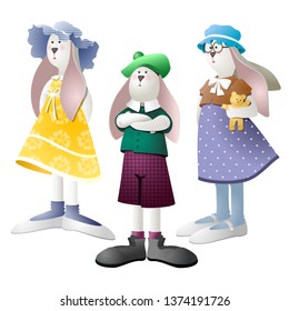 Three little friendly rabbits. Cute interior dolls in colorful dresses. Cartoon style.