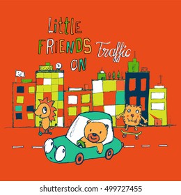 Three little friends playing on the street/ Editable vector artwork design for kids and babies / T-shirt graphics / cartoon characters / cute graphics for kids / Book illustrations / textile graphic