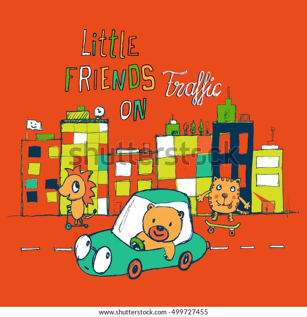 Three little friends playing on the street/\
Editable vector artwork design for kids and babies / T-shirt\
graphics / cartoon characters / cute graphics for kids / Book\
illustrations / textile\
graphic