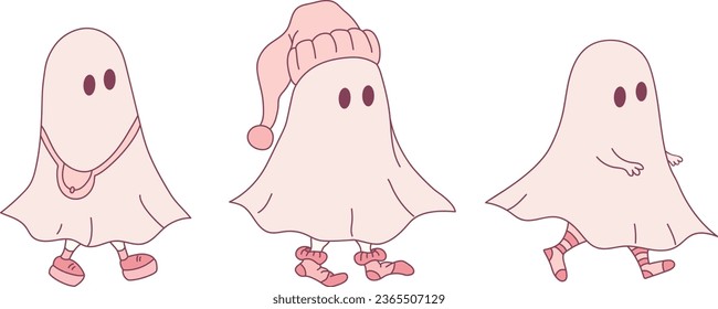 Three little ghosts in different clothes. Hand drawn cute ghosts isolated on white background. Halloween vector illustration 