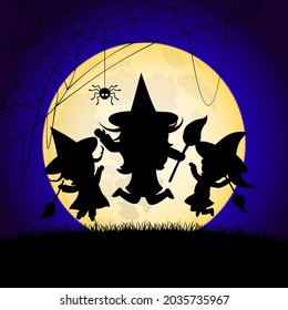 Three little girl in a witch costume jumping above full moon. Halloween kids costume party.