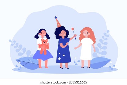 Three little girlfriends and magical fulfillment of dreams. Flat vector illustration. Sorceress girl fulfilling wishes of her friends, giving them toy gifts. Magic, wish, fairy tale, childhood concept