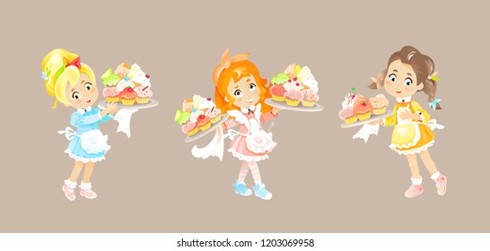 Three little girls in aprons holds a cupcakes on the tray. Vector illustration of kids bakers that produce pastry muffins