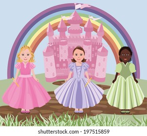 Three little girls or princesses and fairy tale castle vector
