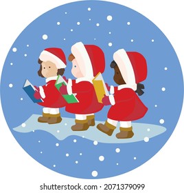 THREE LITTLE GIRLS WITH RED COAT AND BOOK SING CHRISTMAS CAROLS