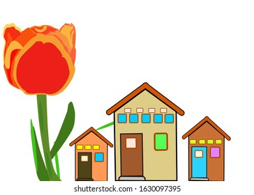 Three little houses and a big flower background