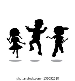 three little kids jumping silhouettes with white background