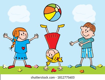 Three little kids on meadow, humorous vector illustration