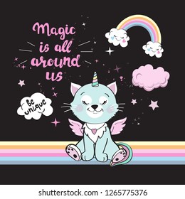 Three little kitten-unicorn with winged and inscription magic is all around us on a black background