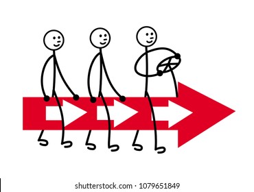 Three little men are flying on a red arrow in the clouds. Symbol of team work. Vector graphics.