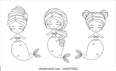 Three little mermaids. Images for coloring book, greeting card, print and poster. Hand-drawn vector illustration.