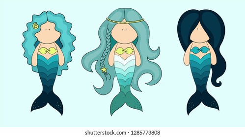 Three little mermaids with long blue hair.