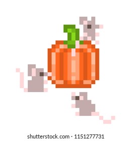 Three little mice playing with pumpkin, pixel art illustration isolated on white.Voles harvesting vegetable. Garden pest. Retro video/pc game characters. Slot machine graphics.Cute hungry pets.