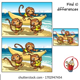 Three little monkeys are going to ride a banana. Find 10 differences. Educational game for children. Cartoon vector illustration