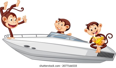 Three little monkeys on motorboat illustration