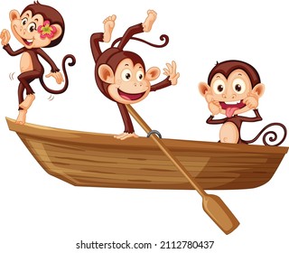 Three little monkeys on wooden boat illustration
