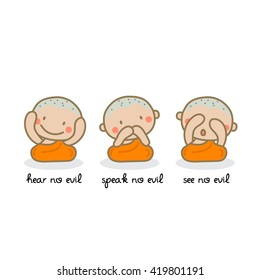 Three Little monks closing ears, mouth and eyes for hear no evil, speak no evil, see no evil. Vector Illustration. 