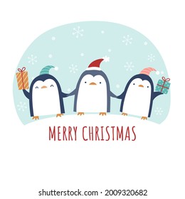 Three little penguins celebrating winter holidays. Winter holiday greeting card design with cute and whimsical penguins.