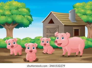 Three little pig playing in farm house background