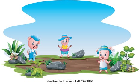 Three little pig playing on the field