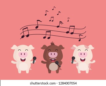 Three little pig  sings a song with microphone and music in the air on pink background, Vector illustration.