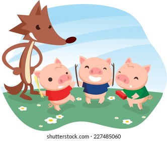 Three little pigs fable with cartoon wolf.