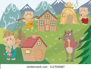 The Three Little Pigs. Fairy tale illustration. Cartoon vector for fairy tale story and book. The three little pigs and wolf with pastel background. 