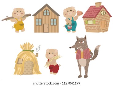 The Three Little Pigs. Fairy tale illustration. Cartoon vector for fairy tale story and book. The three little pigs and big bad wolf characters isolated on white background.