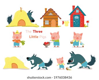 The three little pigs fairytail with cute pigs and a wolf. Set of characters of tail for children with three different houses of three little pigs on white background. Flat cartoon vector illustration