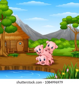 Three little pigs are playing beside lake