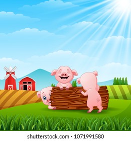Three little pigs playing logs at hills 