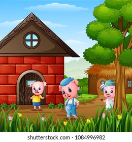 Three little pigs are playing outside house